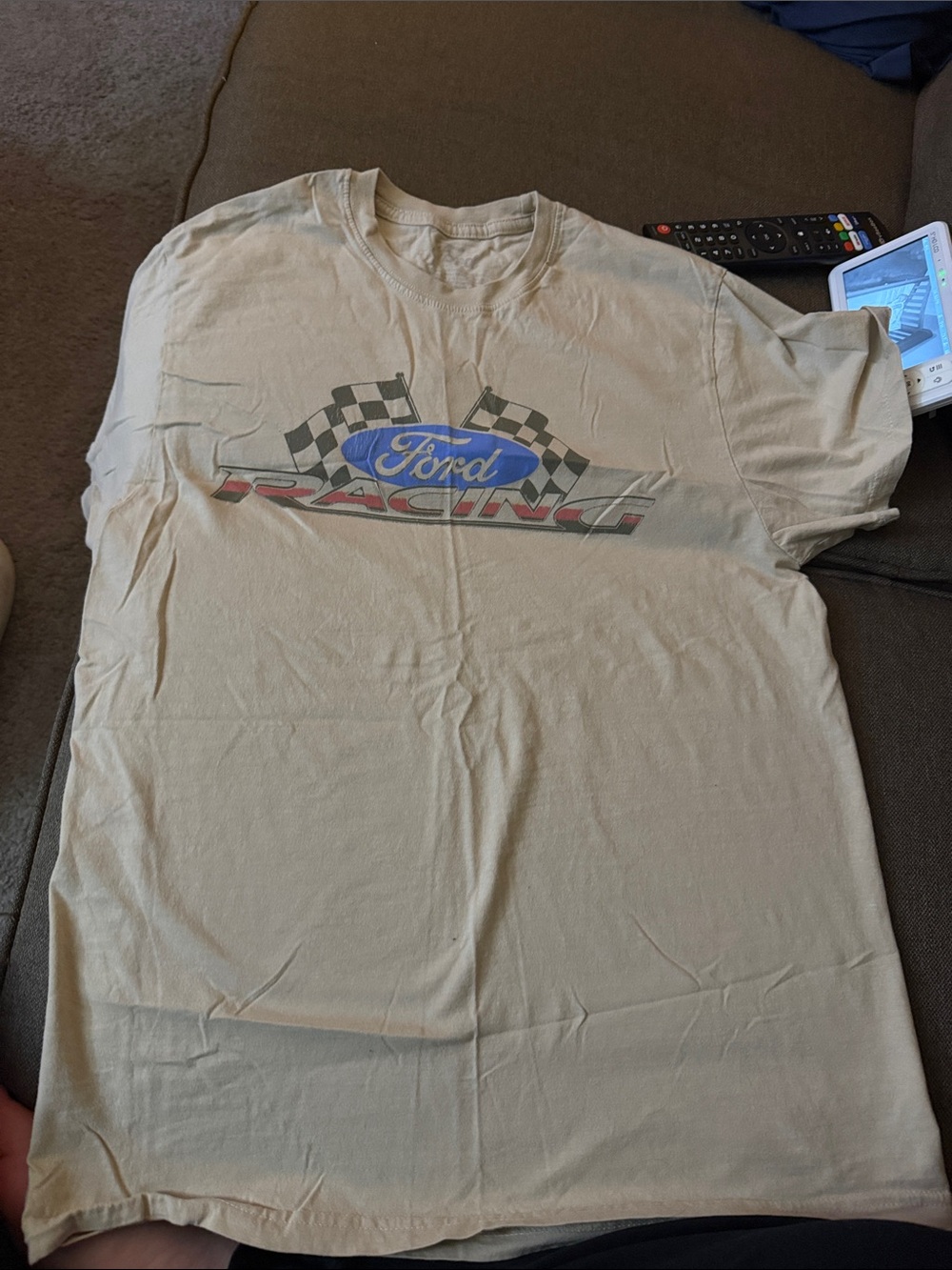 Ford Racing Beige Short Sleeve Tee with Checkered Flags